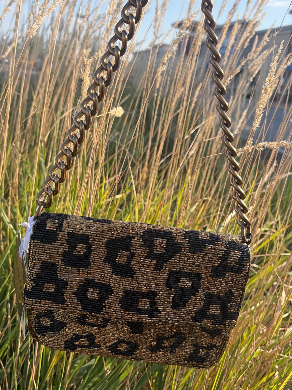 Leopard gold and black beaded purse with gold chain NWT India